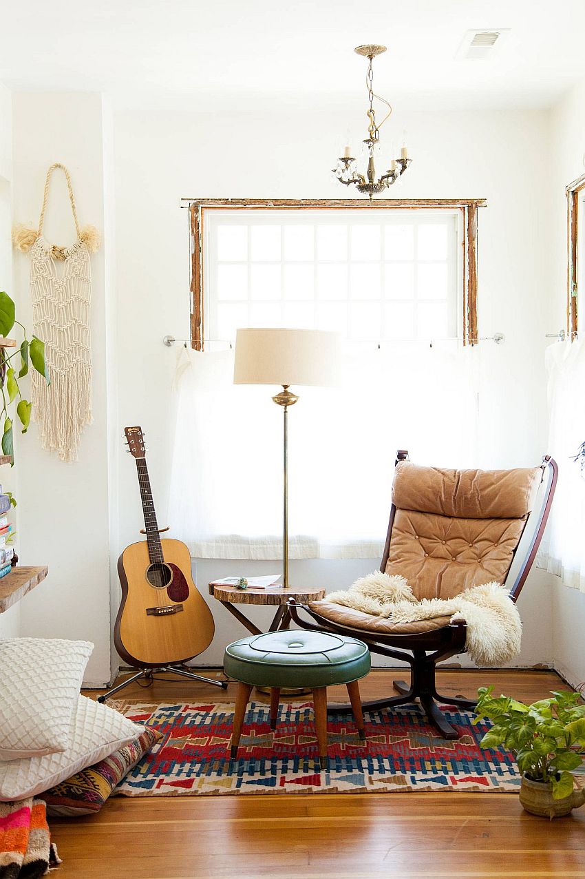 Keeping the backdrop neutral allows you to add layers to the boho living space