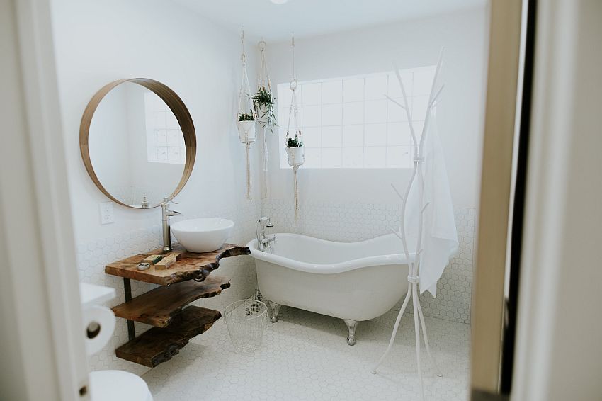 Live-edge vanity for the white bathroom