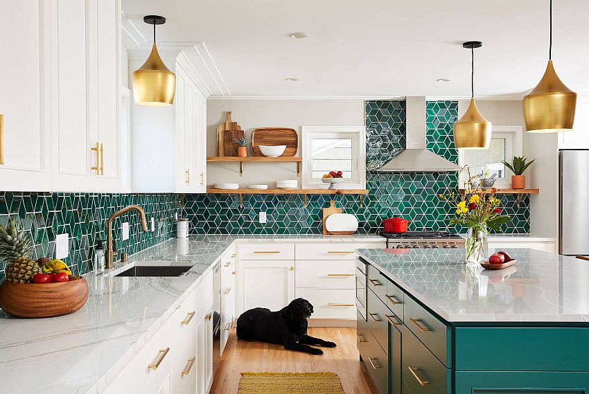 Beautiful kitchen with green backsplash is a trendy blend of both color and pattern