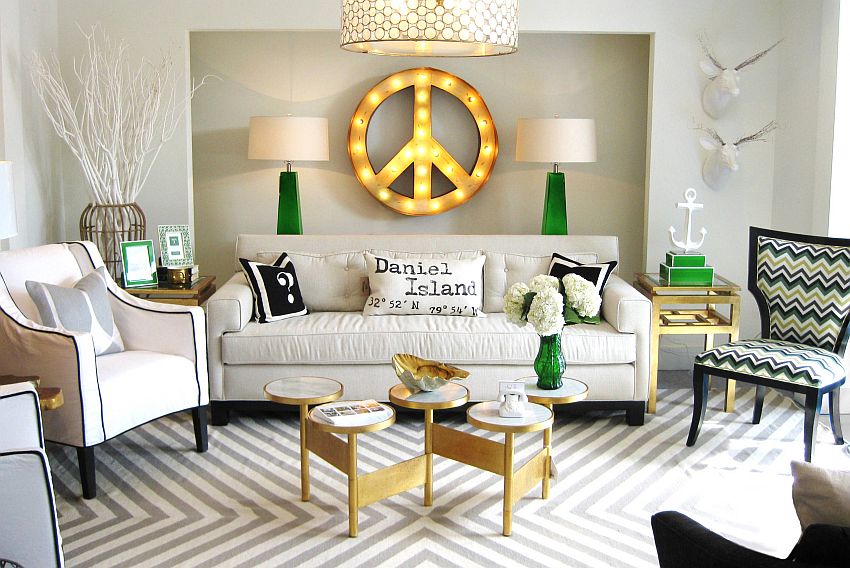 Both lighting and furniture add gold to this neutral living space