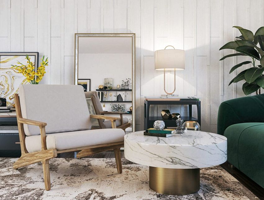 Coffee table with gold base and a marble countertop makes a statement in this living room