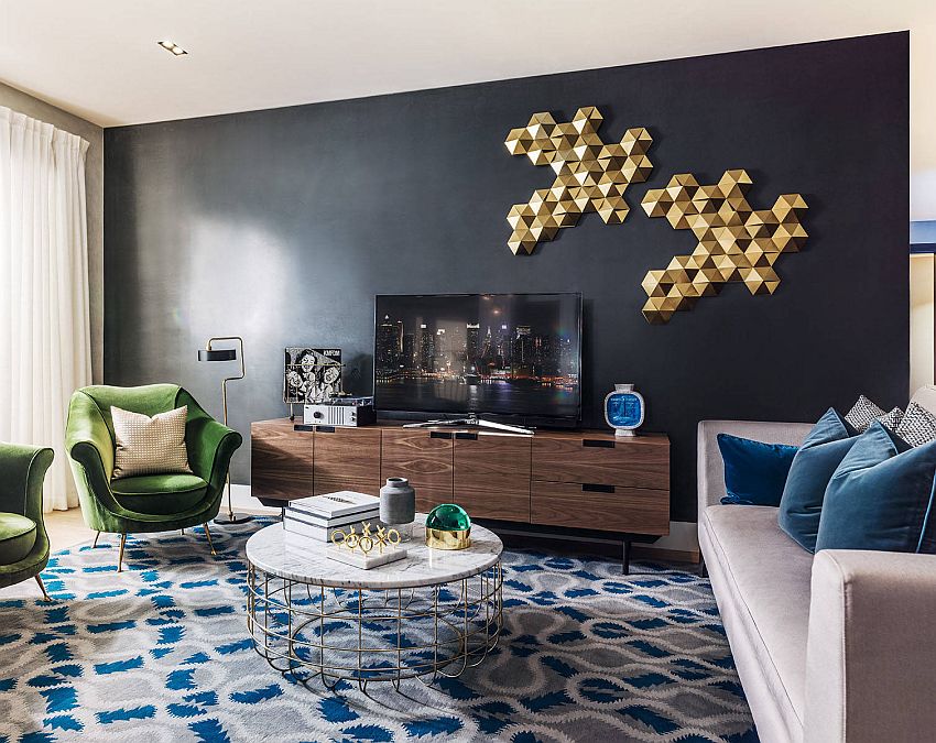 Gold accent art piece in the living room adds both geometric and visual contrast to the setting