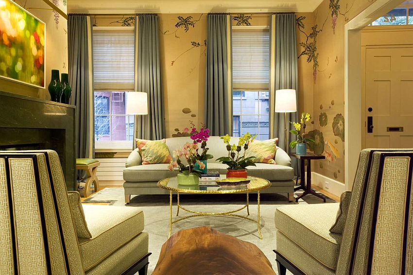 Gold and yellows spread throughout the living space give it a sunny, vibrant vibe