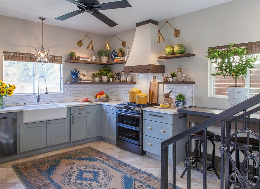 Modern eclectic kitchen in white with plenty of natural greenery