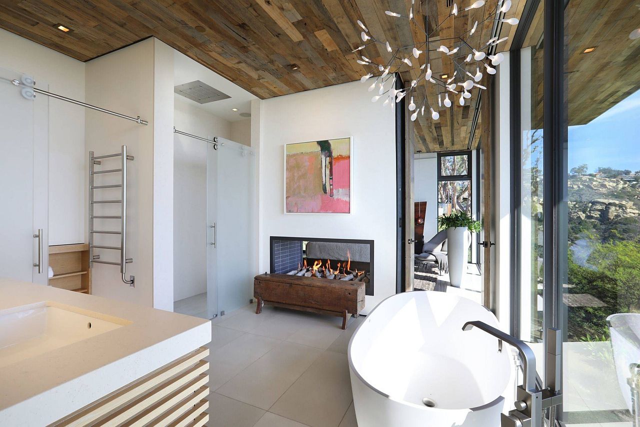 Contemporary bathroom with reclaimed wood ceiling and a magical view outside