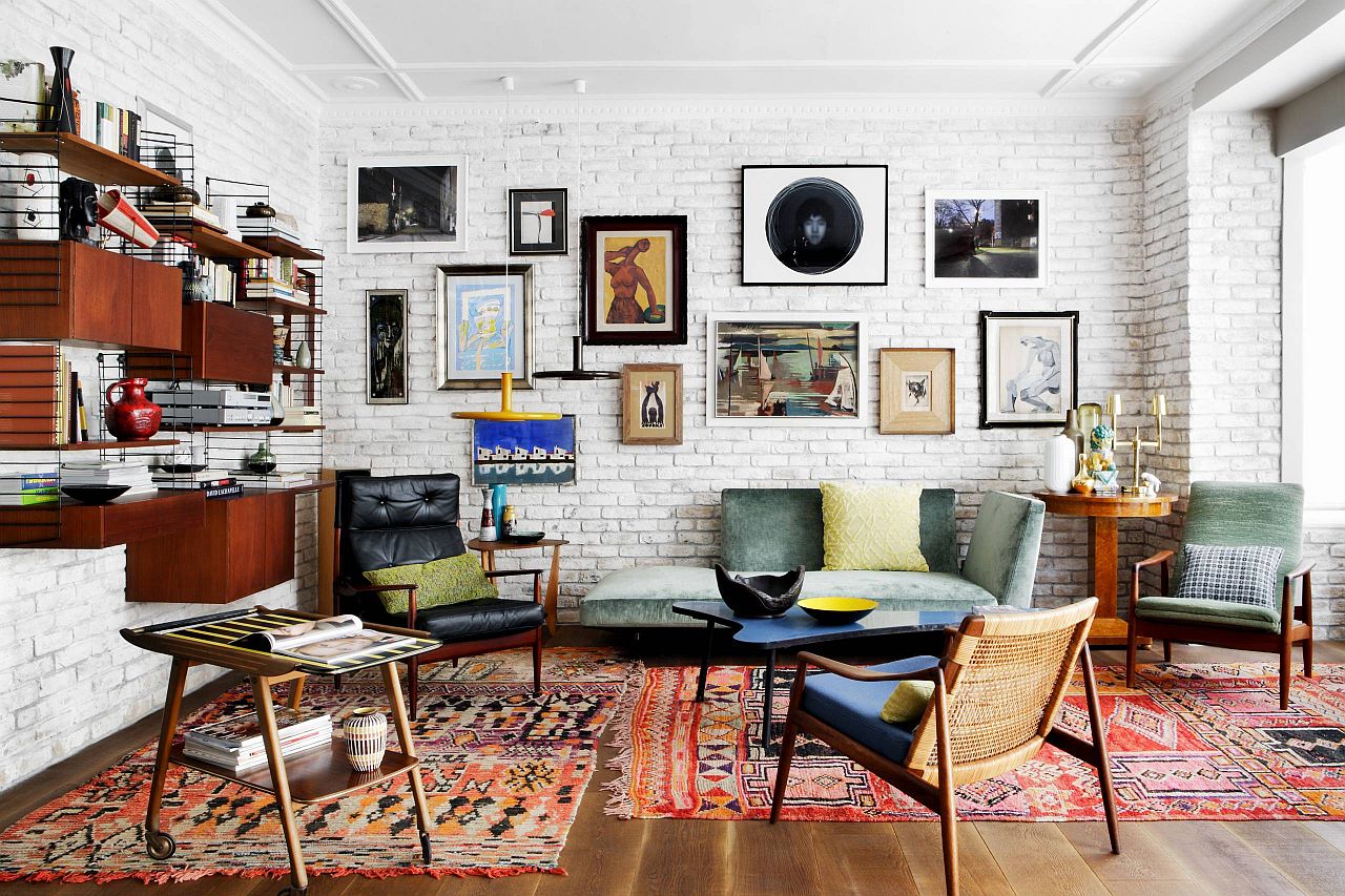 Create a gorgeous gallery wall for the modern living space with brick wall