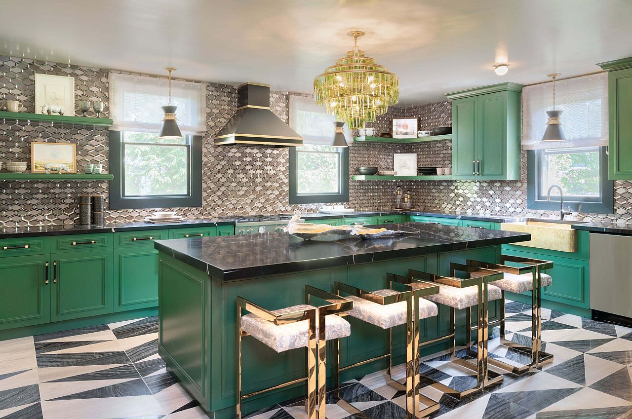 Chandelier above the island brings art deco to this kitchen