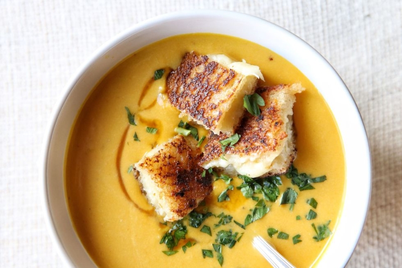 Creamy Pumpkin Soup with Grilled Cheese Croutons