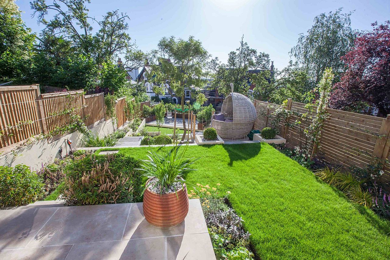 Different levels in the garden make complete use of the backyard terrain