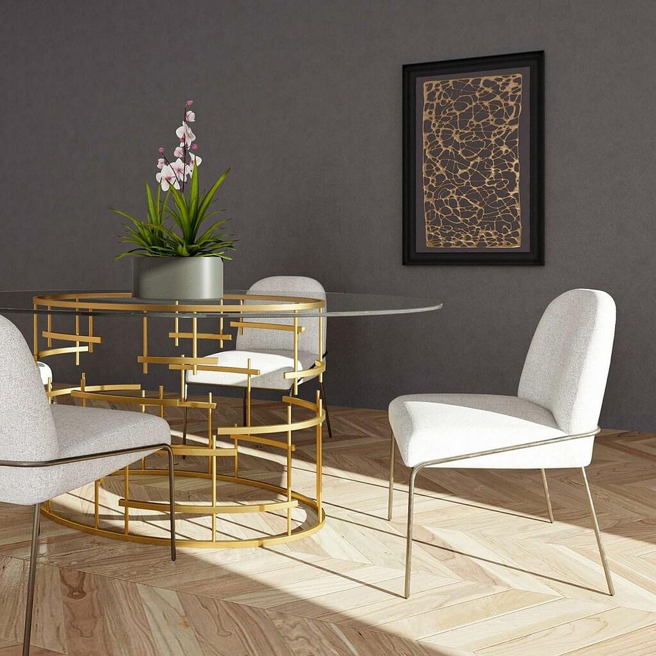 Dining table with a golden base is perfect for the art deco style room