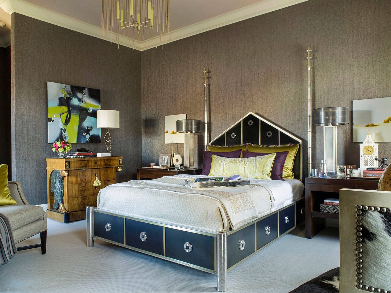 Eye-catching art deco style bedroom with eclectic touches