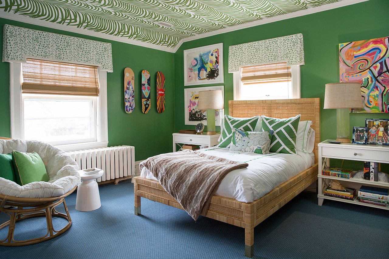 Green makes the biggest impression in this modern bedroom