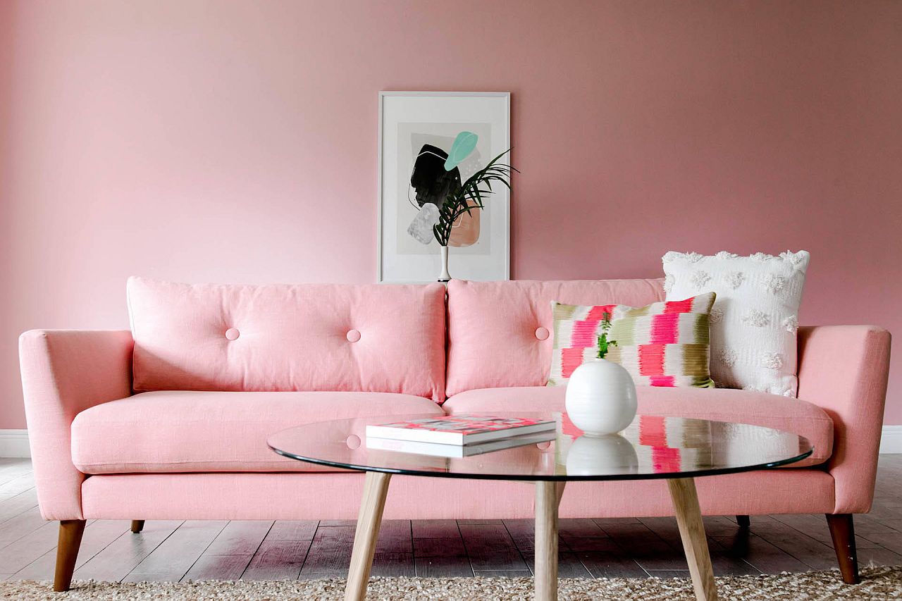 Let the pink couch be the focal point of the living room