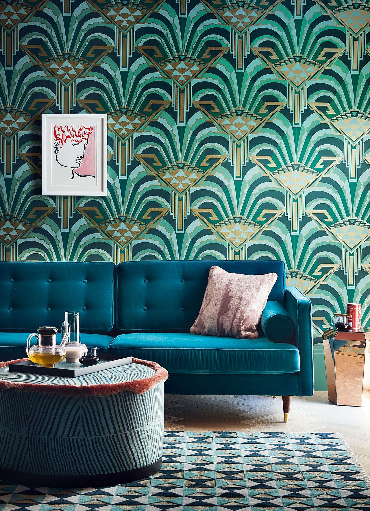 Pattern and color are aplenty in this art deco living room