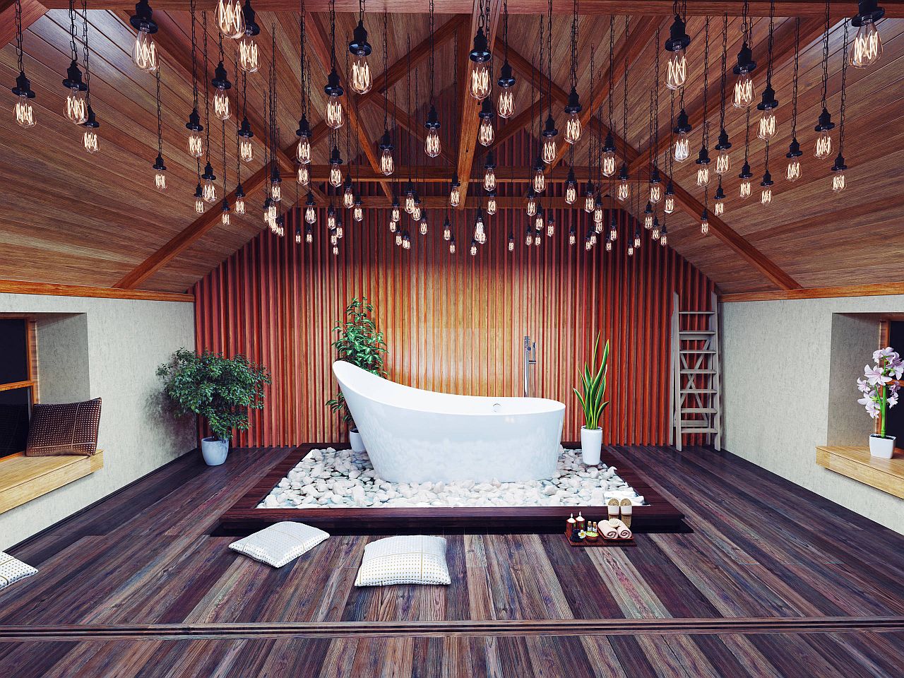 Relaxing and luxurious Asian bathroom with indoor plants