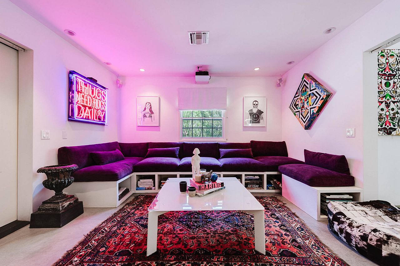 Stylish neon lighting brings pink glam to this living space