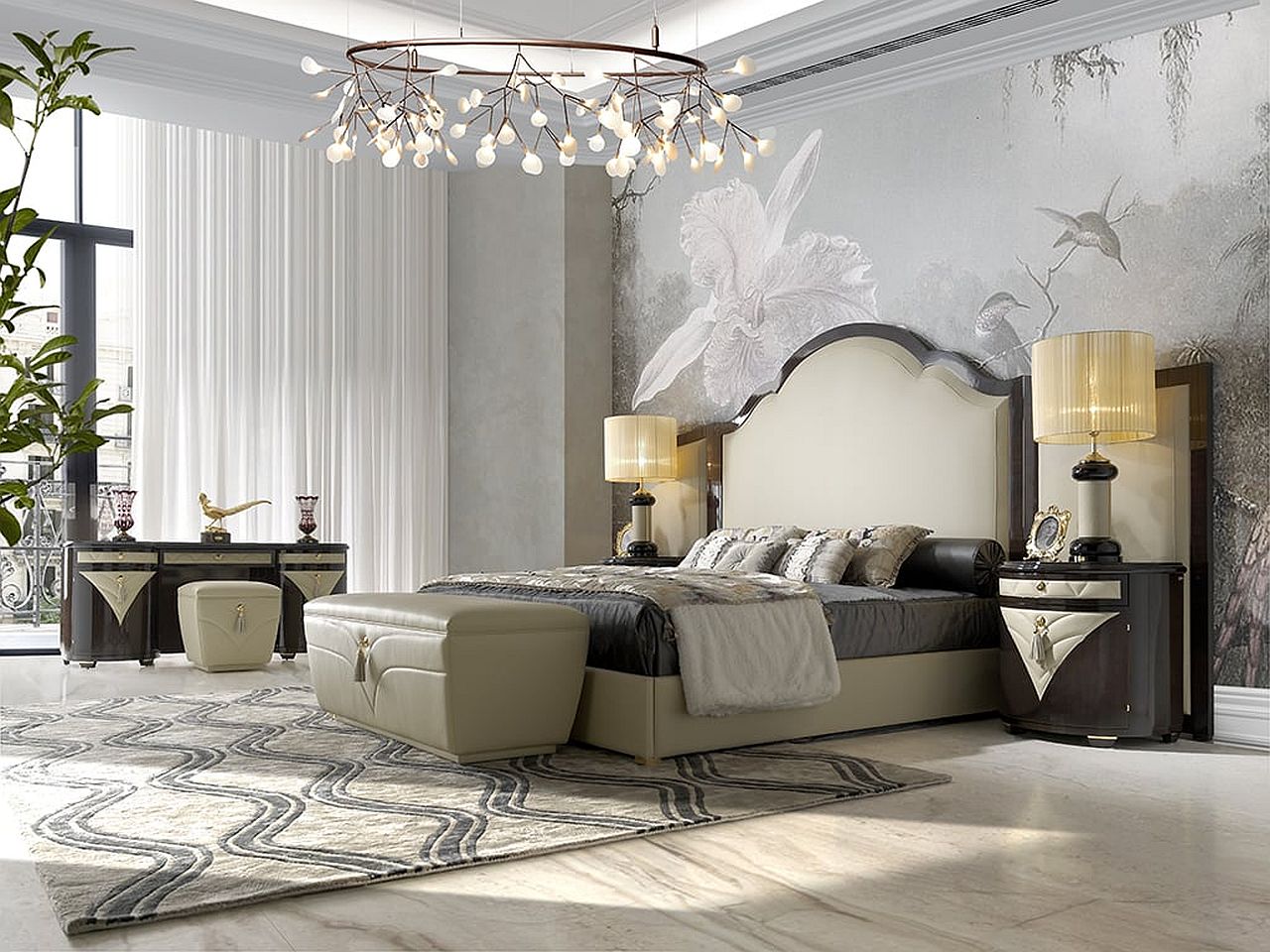 Tufted furniture and polished marble finishes for the bedroom