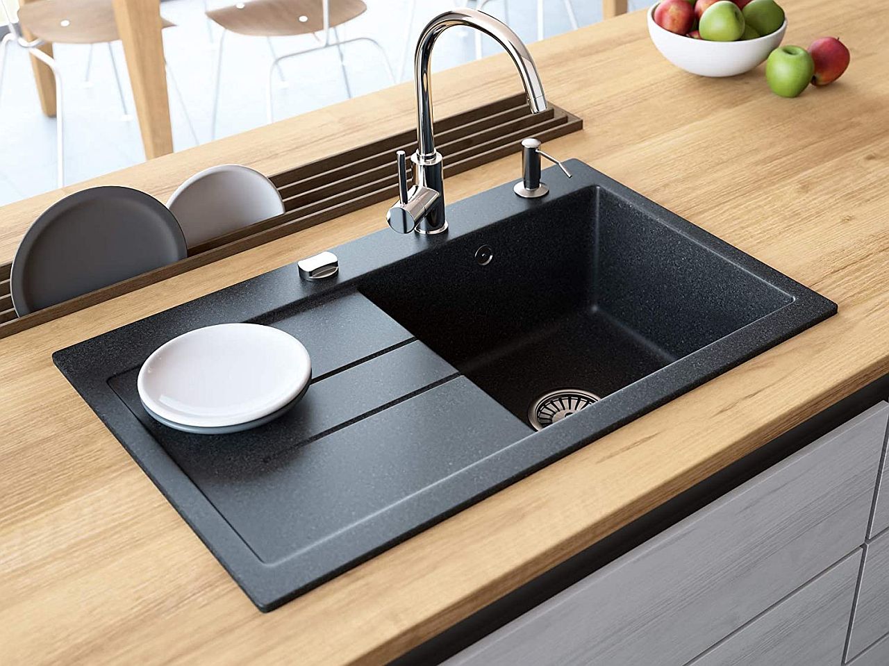 Black kitchen sink adds something different to the interior