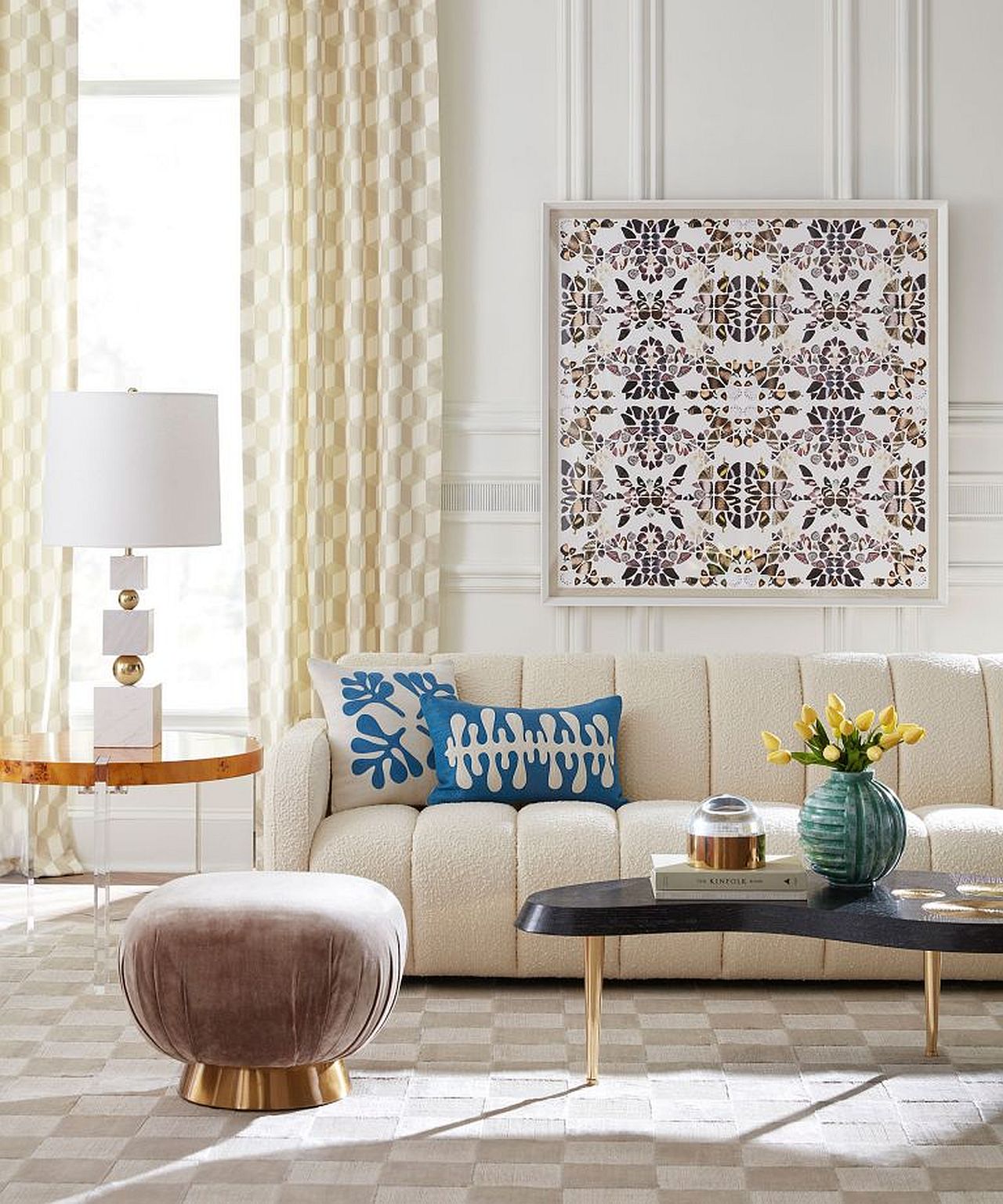 Color and pattern of the drapes lets it blend in with the backdrop