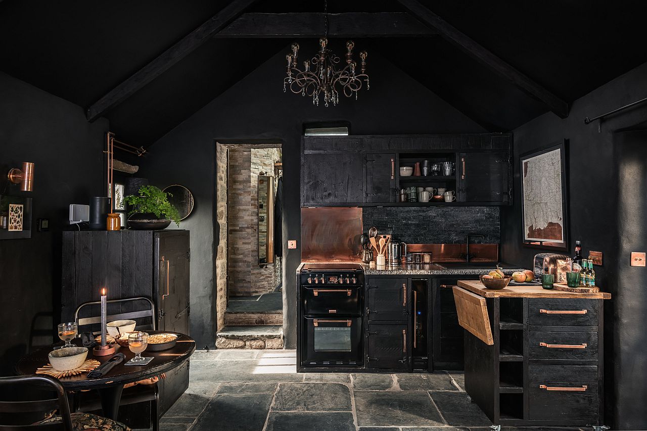 Farmhouse style kitchen fully draped in black