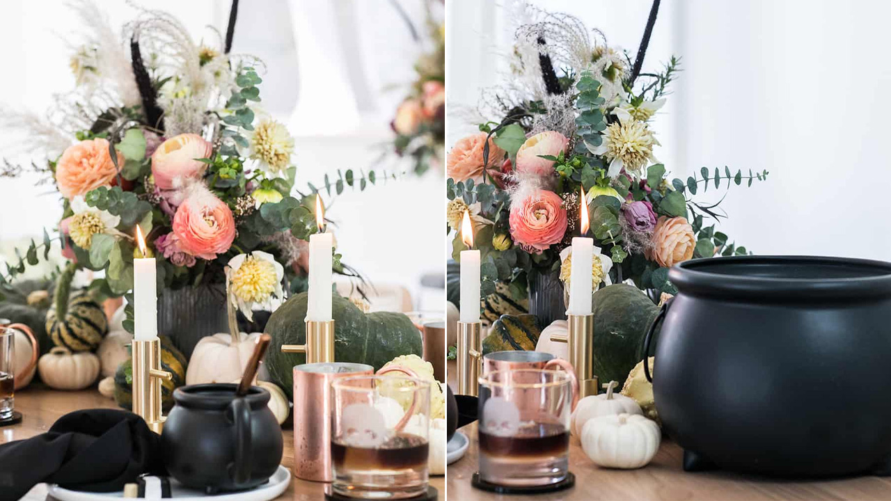 Flowers and Cauldron table centerpiece halloween 