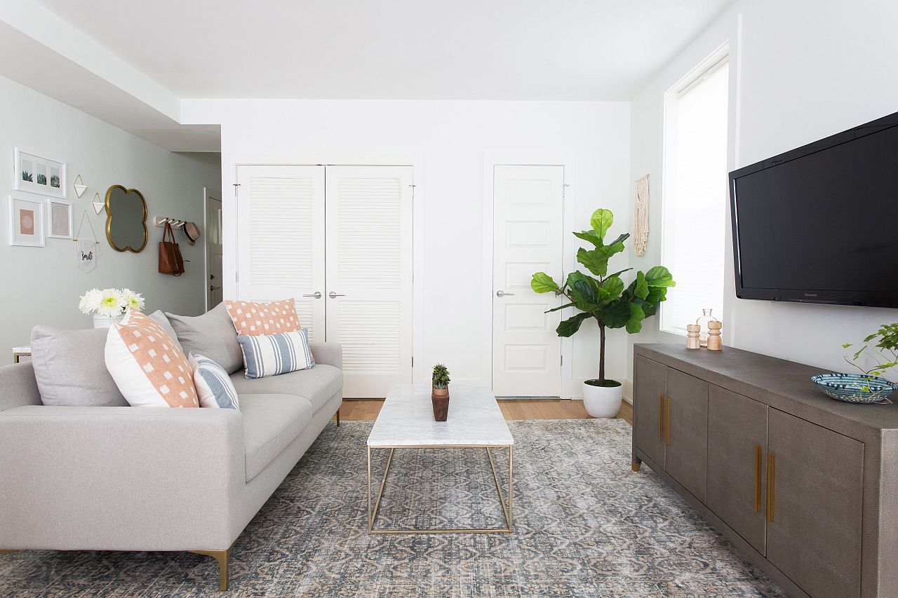 Monochromatic living room with gray and white mixed in beautifully