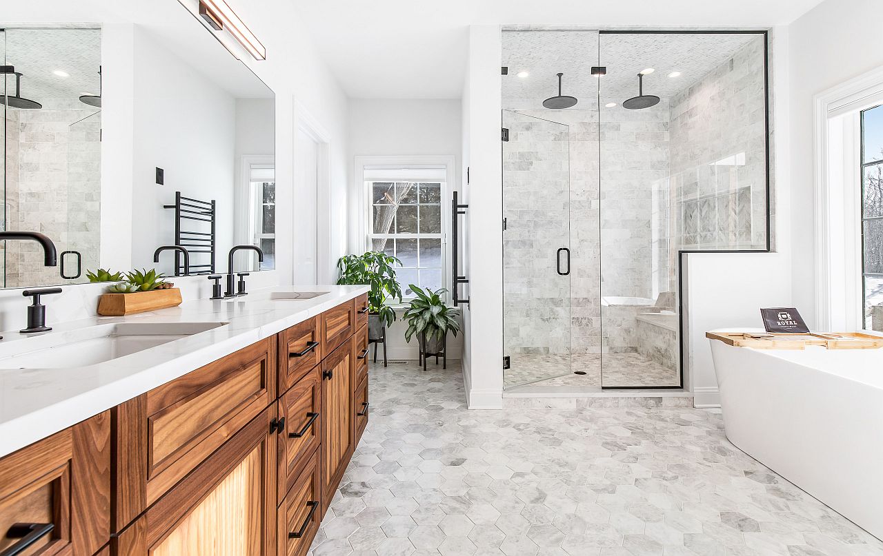 Marble hexagonal tiles and marble countertops for the modern bathroom