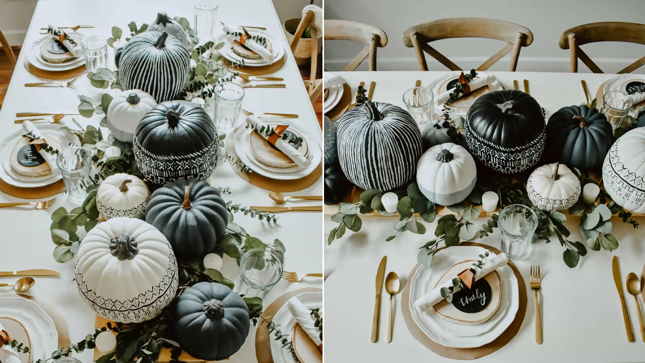 Mud cloth pumpkin table centerpiece