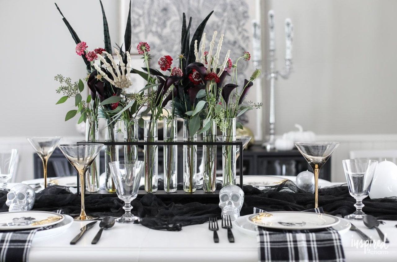 Skeletal Hands and Flowers table centerpiece