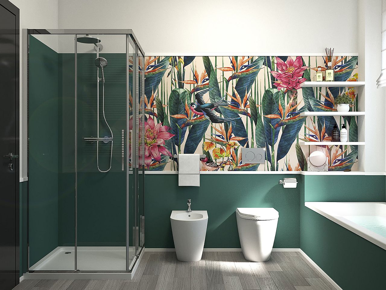 Wall murals and wallpaper bring color to the bathroom