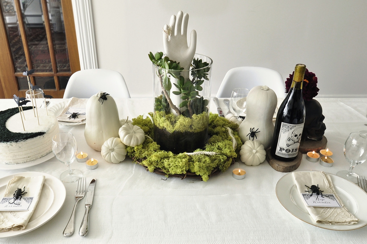 White hand Halloween table centerpiece