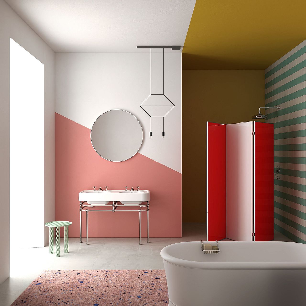 Wonderful use of color blocks in the bathroom