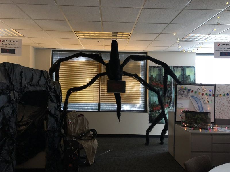 Cubicle covered with black cloth and decked with colorful light strings