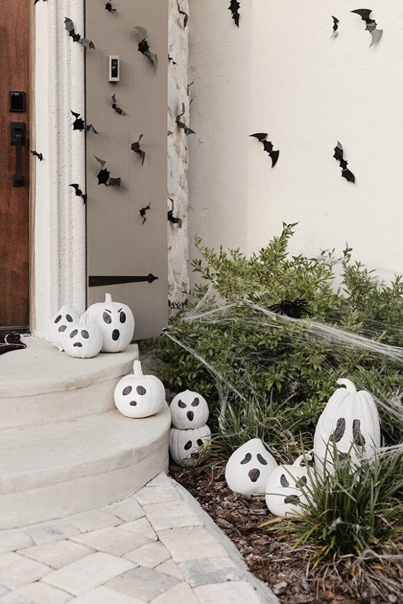 Spooky Painted Ghost Pumpkins porch 