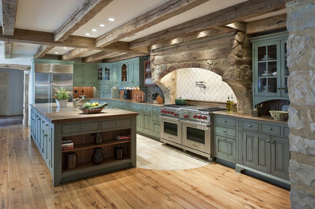 Distressed cabinet finishes, wooden counters and white backsplash