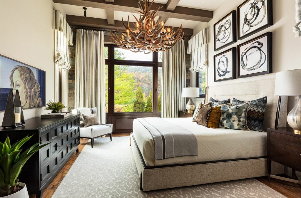 Eye-catching rustic chandelier makes an impact in this rustic bedroom