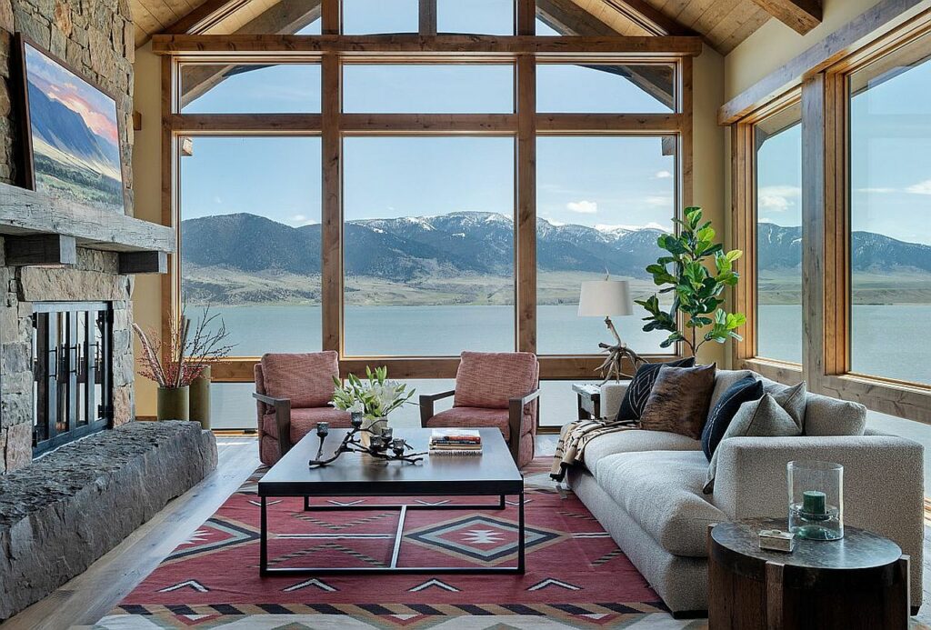 Fabulous views of the lake greet you at this rustic living room