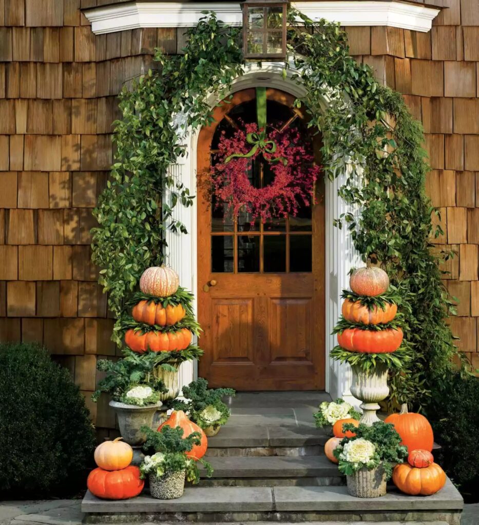 Employ Vibrant pumpkin topiary for Fall  porch decor 