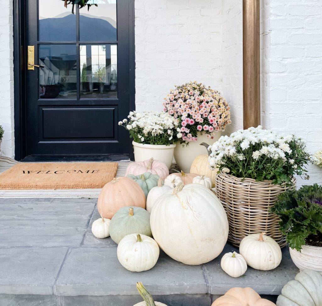 Fall Porch Decorating Ideas - Pumpkins and Chrysanthemum