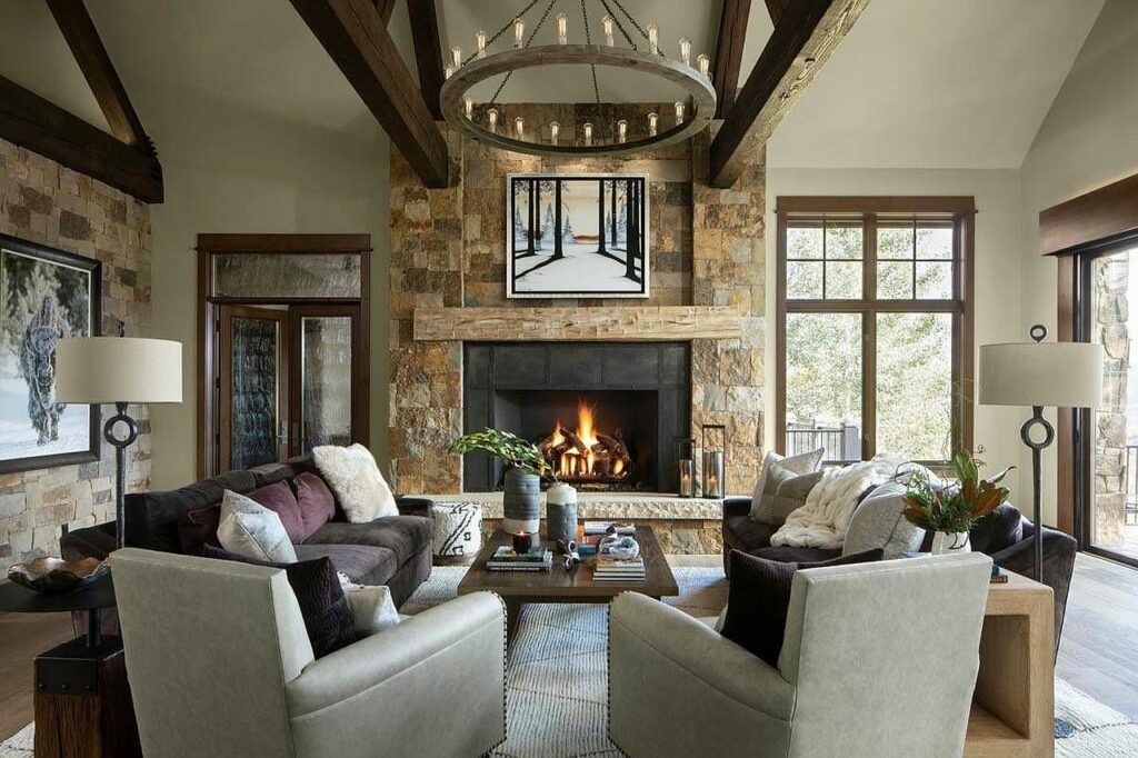 Modern rustic living room with a gorgeous stone fireplace