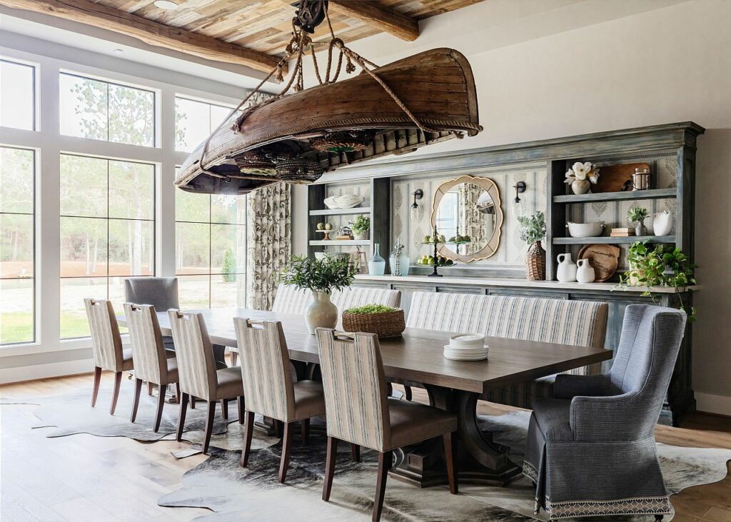 Stunningly unique lighting fixture steals the show in this dining room