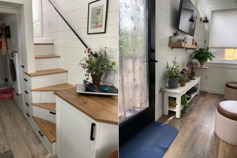 wooden staircase leads to bedroom 