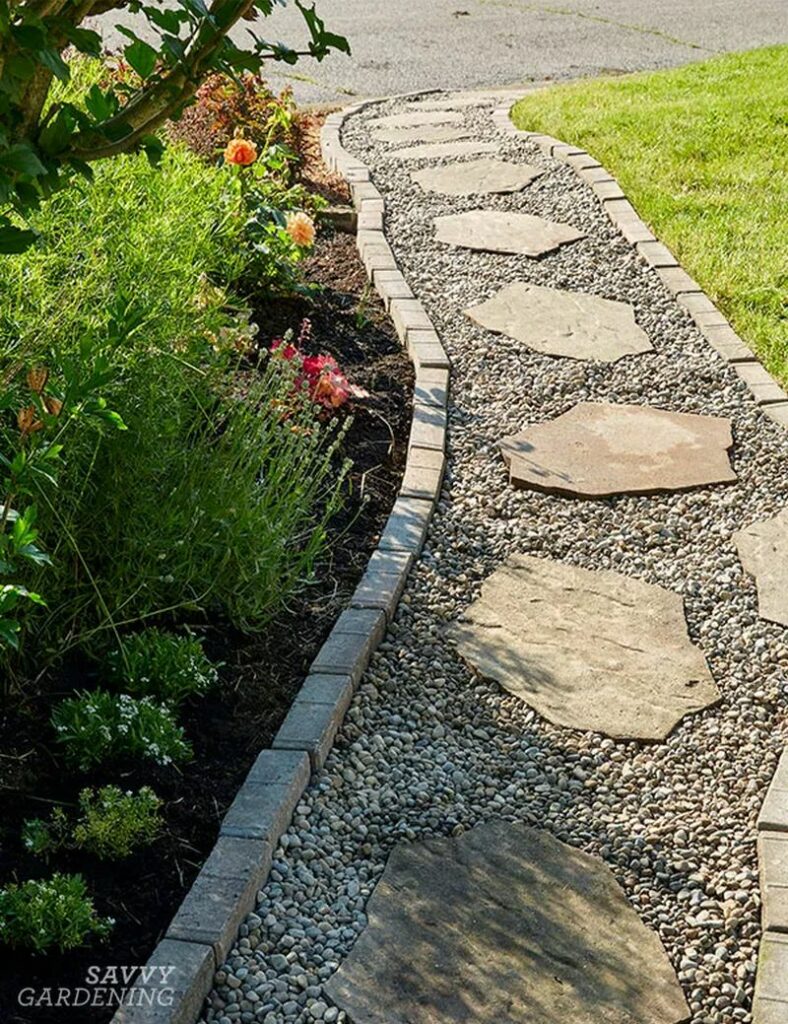 Garden pathway edging with stone bricks