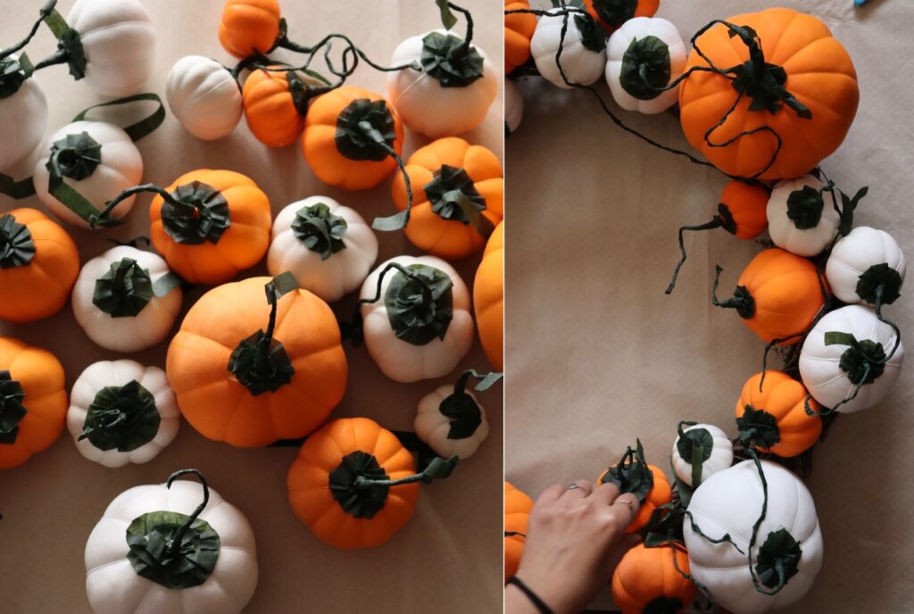 Secure pumpkins onto the wreath with double sided tape