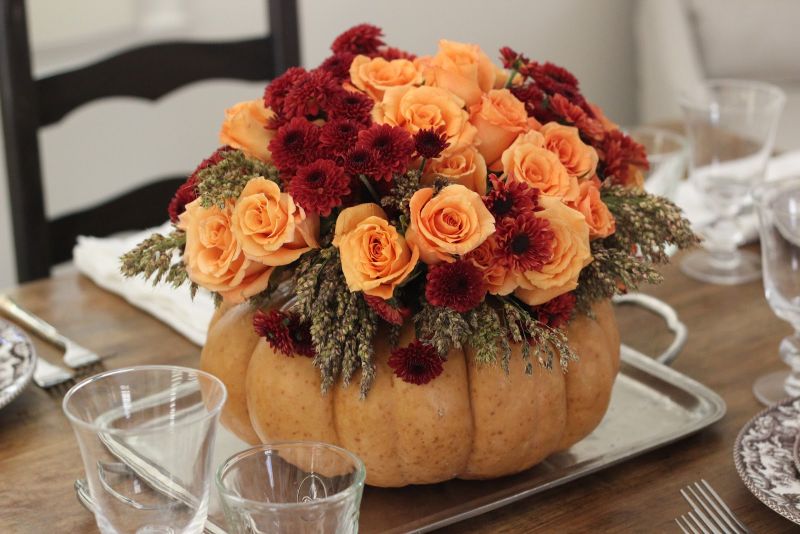 Thanksgiving floral centerpiece with pumpkin vase  