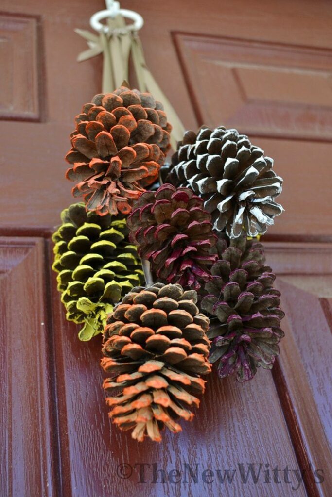 painted pinecone hanging on door DIY Thanksgiving decoration 