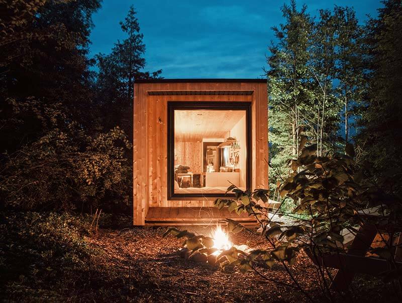 shipping container cabin night view 