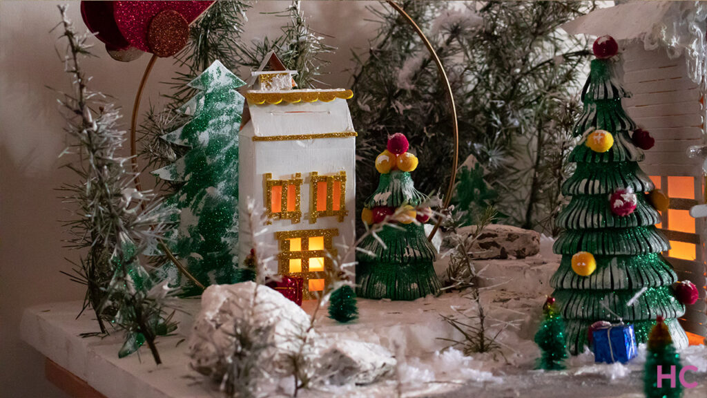 Inexpensive snowy Christmas Village Display