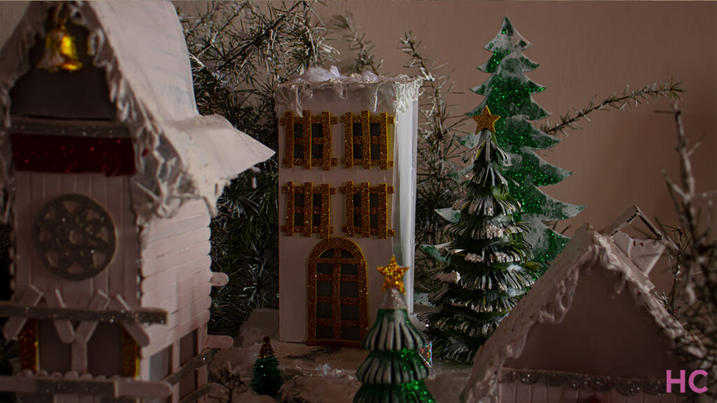 Inexpensive Christmas Village Display night shot