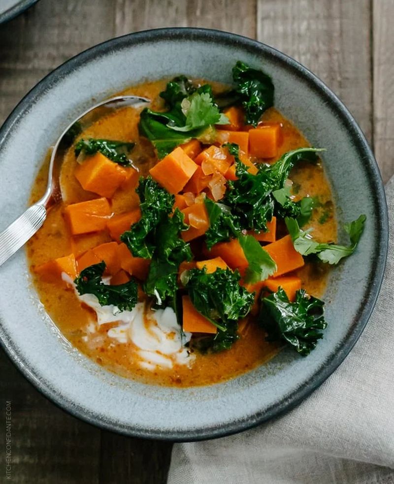 Sweet Potato and Kale Coconut Curry Soup